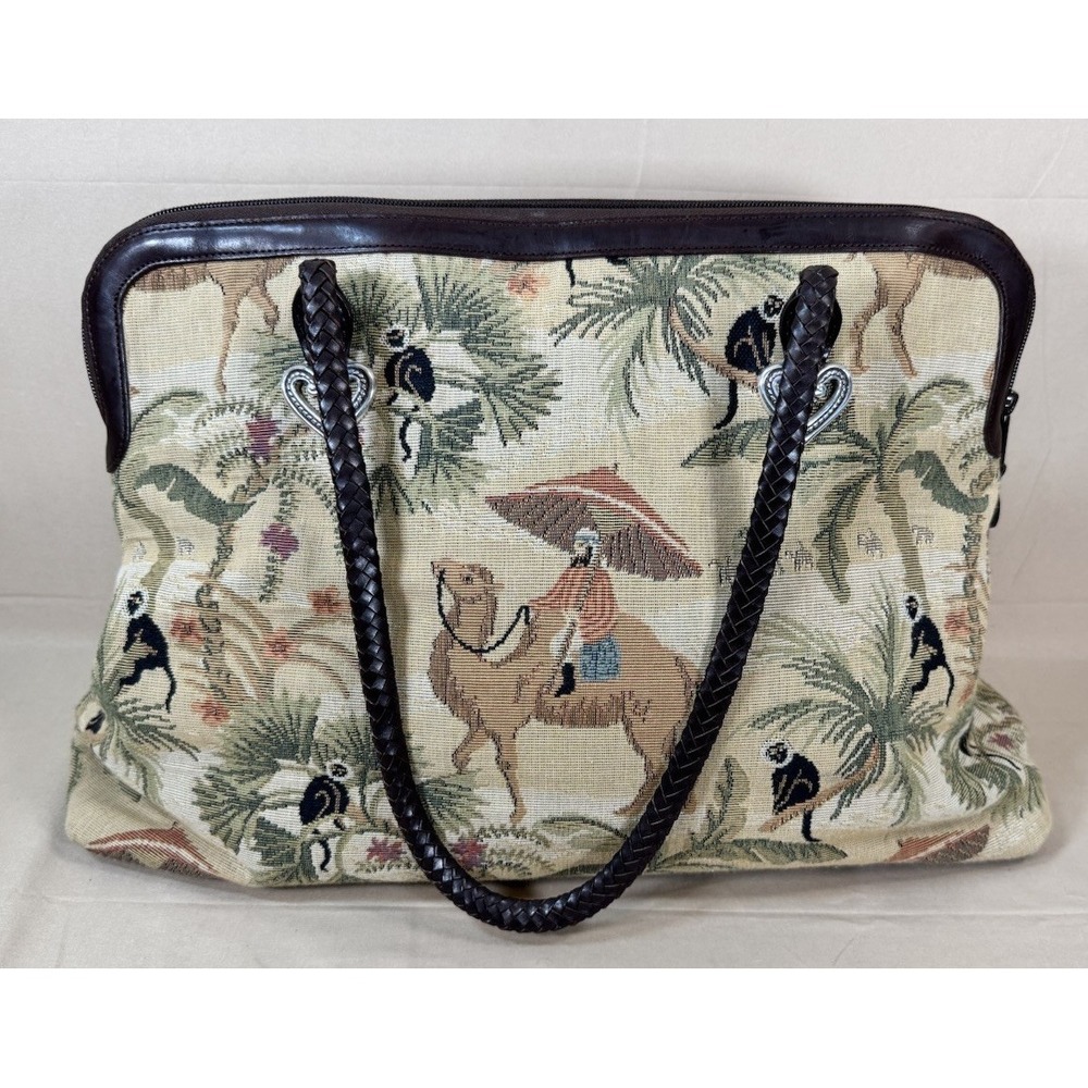 Brighton Jungle Tapestry Leather Duffle Camel Monkey Weekend Travel Bag Satchel
